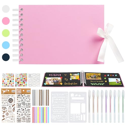 Fotoalbum zum Selbstgestalten, A5 Scrapbook Album Klein 60 Seiten Fotobuch zum Selbstgestalten DIY Geschenk Scrapbooking Set mit Stiften Schablonen Aufkleber Fotoecken, Rosa von HXC