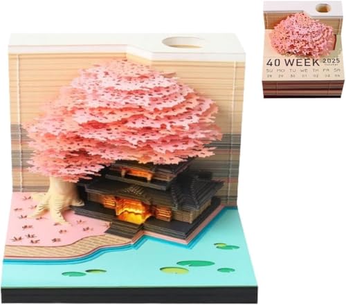 2025 Kalender mit Licht 3D Memo Papier Kreativer Kalender DIY Notizen Papier Skulptur Geschenk Notizblock Papier Kunst Erde Skulptur Home Deko Geschenk (Blühender Baum Rosa) von HXCQYGL