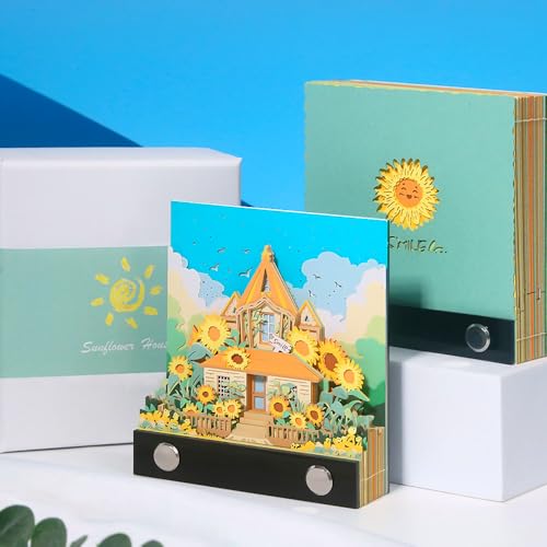 3D Kalender Notizblock 2025, Tischkalender 3D Magisches Schloss Wochenkalender Notizblock, Beleuchtet Kreativer Tischkalender, DIY Gravur Papier, Kunst Schule (Sonnenblume) von HXCQYGL