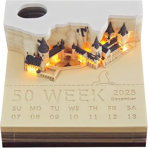 3D-Notizblock, 3D Kalender Abreißen 2025, 2025 Tischkalender-Notizblock mit Licht, Papierskulptur Desktop Ornament (Schloss mit Licht) von HXCQYGL