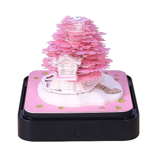 3D kalender Abreißen 2025, Schreibtischkalender mit Lichtern, 3D Memo Pad Papier Kunst Sakura Baum Kreative 3D Notizblock Papier Schnitzen Geschenk Desktop Dekoration (Rosa Baumhaus) von HXCQYGL