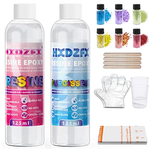 Epoxidharz mit Härter 250ml/275g Glasklar Kunstharz Gießen Epoxy Resin - 2 teiliges Gießharz für Resin Kunst Projekte, Schmuckherstellung - Bonus Handschuhe, Glitze, Messbecher und Holzstäbchen von HXDZFX