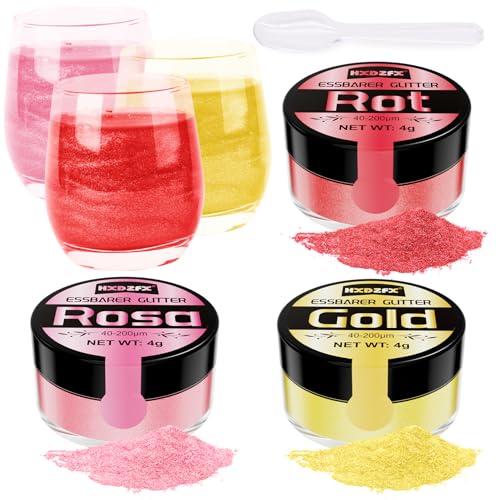 Essbares Glitzer Set - 3 Farben Glitzerpulver für Getränke, Geschmacksneutrales Lebensmittelfarbe Pulver, Glitzerpuder für Schokolade, Cocktail Drinks, Fondant, Drinks, Flüssigkeiten - 4g von HXDZFX