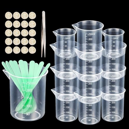 Messbecher Set, 8 Stück 250 ml und 2 Stück 100 ml Mischbecher mit Rührstäbe, Spitze Pinzetten und Fingerlinge, Epoxidharz Plastik Messbecher mit Maßstab Mark für Basteln,Gießformen, Schmuck Machen von HXJDAM