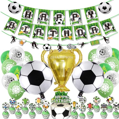 HXJFGDM 43 stück Fussball Deko Geburtstag Kinder,Fussball Geburtstag Deko,Trophäe Fußball Luftballon für Jungen Fußballfan Geburtstagsfeier, Fussball Tortendeko Party Zubehör mit Happy Birthday Banner von HXJFGDM