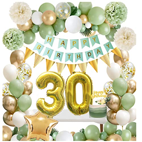 HXJFGDM deko 30 geburtstag frau，deko 30 geburtstag - Happy Birthday Banner Sterne Folie Latex Ballons und Papier Blumen，30. geburtstagsdeko grün for party deko,30 birthday decoration (grün) von HXJFGDM