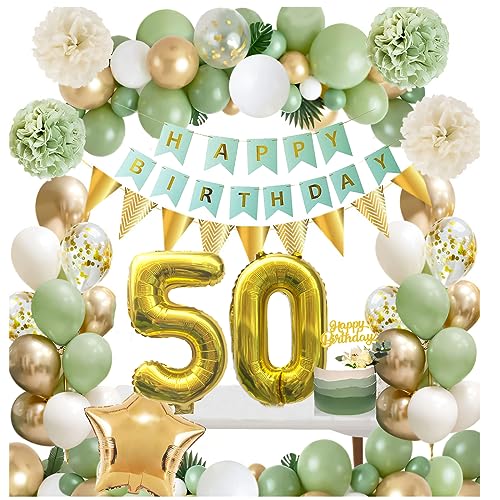 HXJFGDM deko 50 geburtstag frau，deko 50 geburtstag - Happy Birthday Banner Sterne Folie Latex Ballons und Papier Blumen，50. geburtstagsdeko grün for party deko,50 birthday decoration (50) von HXJFGDM