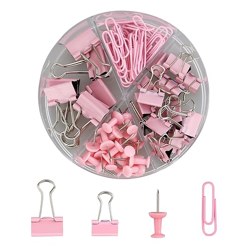 72-teiliges Binderklammern-Set, rosa, 4-in-1, runde Box, Bürobedarf, Set mit 20 Reißzwecken, 30 Büroklammern, 15 kleinen Blinder-Clips, 7 großen Blinder-Clips, Bürobedarfsset, Büroklammern von HXMJIED