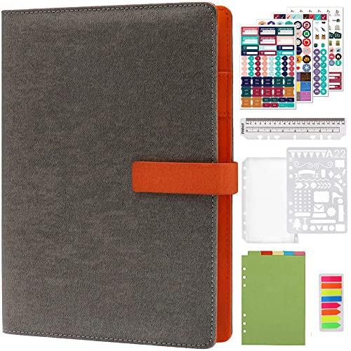 HXRTANGS A5 Nachfüllbares Notizbuch PU Gepolsterte Abdeckung, 6 Ringbuch Journal Liniertes Persönlicher Organizer Planer 80 Blätter mit Stift Halter Magnet-Verschluss für Büro Schule Reise, Hellgrau von HXRTANGS