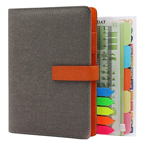 HXRTANGS A6 Nachfüllbares Notizbuch PU Gepolsterte Abdeckung, 6 Ringbuch Journal Liniertes Persönlicher Organizer Planer 80 Blätter mit Stift Halter Magnet-Verschluss, Hellgrau von HXRTANGS