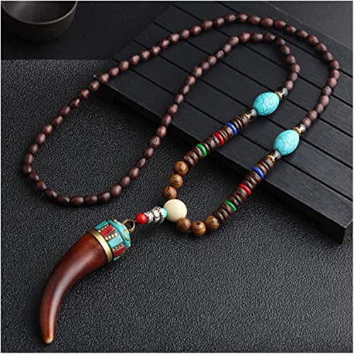 HXSCOO Vintage handgemachte Nepal Halskette buddhistische Mala Holzperlen Anhänger Halskette ethnische Horn Fisch Lange Aussage Schmuck (Size : Style5) von HXSCOO