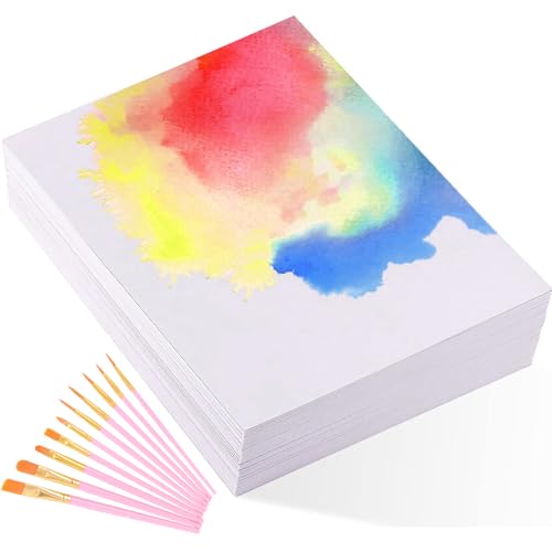 Aquarellpapier, 70 Blatt, 12,7 x 17,8 cm, Aquarellpapierblöcke, 300 g/m² dickes Baumwoll-Aquarellpapier mit 10 Nylon-Pinsel-Set, Zeichenpapier zum Zeichnen, Malzubehör von HXSYKJDM