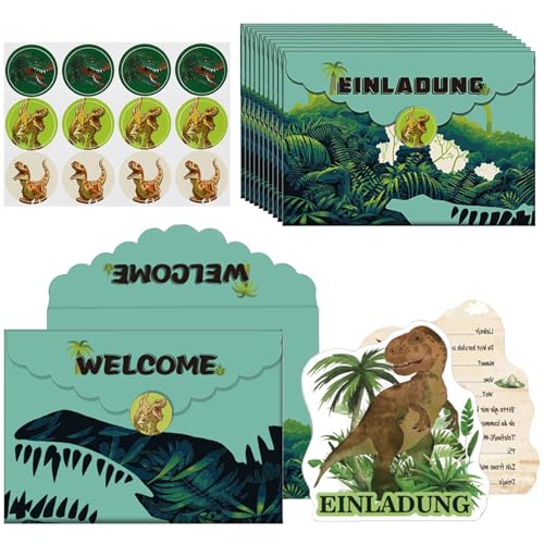 HXSYKJDM 12 Sets Dino Einladungskarten Kindergeburtstag, Dino T-Rex Einladungskarten, Dinosaurier Einladungskarten Umschläge Aufkleber Set für Kinder Dino-Party von HXSYKJDM