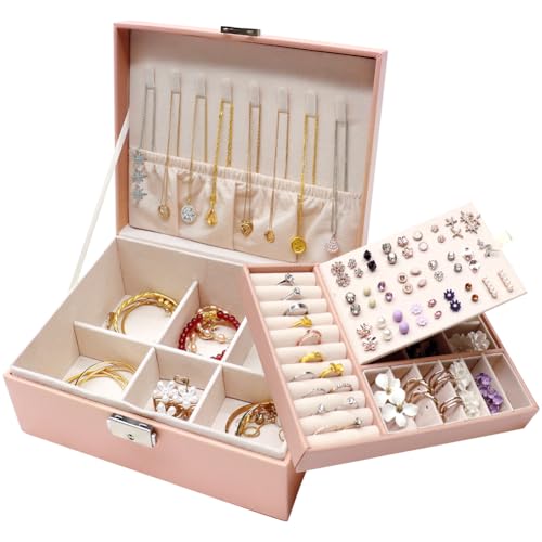 Schmuckkästchen 2 Ebenen, Schmuckaufbewahrung, Schmuckbox Schmuckkasten für Ringe, Schmuckschatulle Damen, Schmuck Organizer Reise Schmuckkästchen Abnehmbares für Ringe, Ohrringe, Halsketten (Rosa) von HXSZHOI