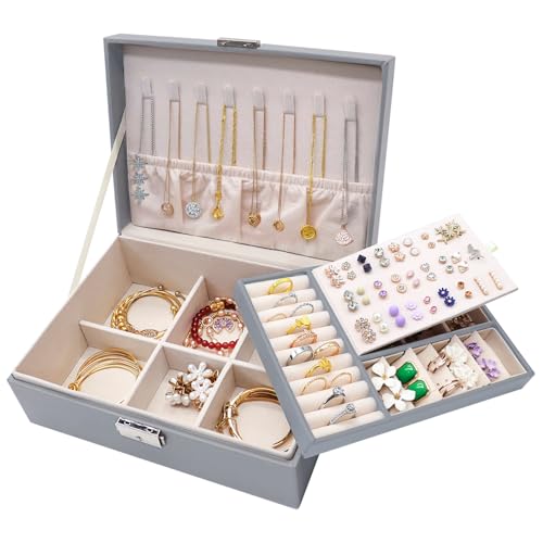 Schmuckkästchen 2 Ebenen, Schmuckaufbewahrung, Schmuckbox Schmuckkasten für Ringe, Schmuckschatulle Damen, Schmuck Organizer Reise Schmuckkästchen Abnehmbares für Ringe, Ohrringe, Halsketten (Grau) von HXSZHOI