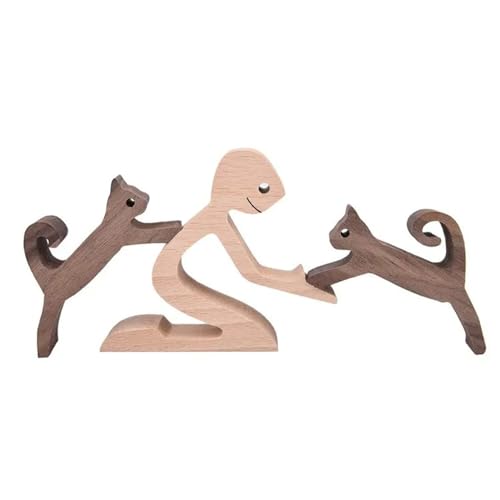 Holzfiguren,Familie Welpe Holz Schnitzerei Ornamente,Katzen Deko,Natürliches Massivholz Niedlich Welpen,Pferd,Kätzchen und Menschen Statue Skulptur,Hand Geschnitzte Home Decor (Junge und 2 Katzen) von HXTNool