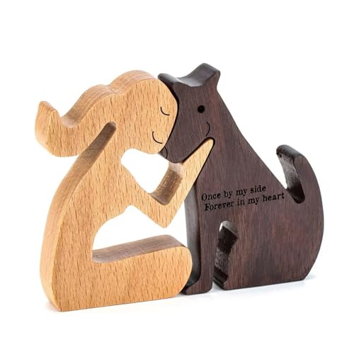 Holzfiguren,Familie Welpe Holz Schnitzerei Ornamente,Katzen Deko,Natürliches Massivholz Niedlich Welpen,Pferd,Kätzchen und Menschen Statue Skulptur,Hand Geschnitzte Home Decor (Mädchen und Hund) von HXTNool