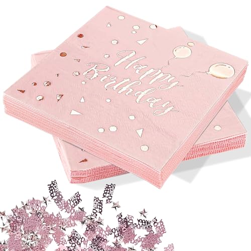 60 Stück Servietten Geburtstag Rosegold, 33 x 33cm Happy Birthday Servietten Rose Gold Papierservietten Geburtstag mit Konfetti Tisch, für Frau Mädchen Geburtstag Party Deko (Roségold) von HXUING