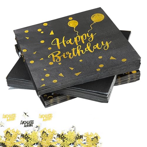 60 Stück Servietten Geburtstag Schwarz Gold, 33 x 33cm Happy Birthday Servietten Schwarz Gold Papierservietten mit Konfetti Tisch, für Mädchen Junge Geburtstag Party Deko(Schwarz) von HXUING