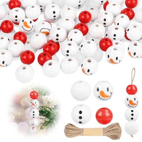 HXUING 40 Stück Weihnachts Schneemann Holzperlen, 14mm 17mm Schneemann Gesicht Holzperlen Set mit 10 Metern Hanfseil, für DIY Basteleien Weihnachten Winter Dekorationen(B) von HXUING