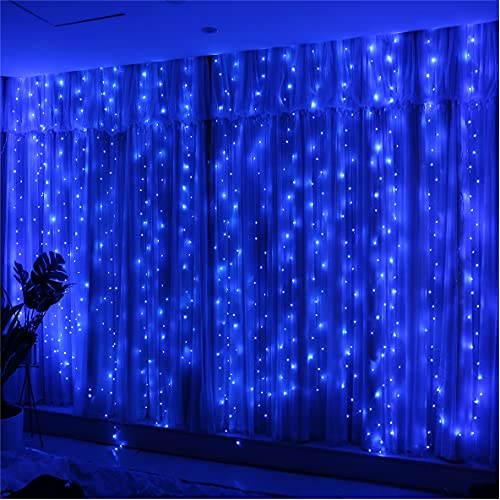 HXWEIYE 300LED Blau Lichtervorhang, 3mx3m Lichterkettenvorhang USB 8 Modi LED Lichterkette mit 12 Haken Fernbedienung Timer verstellbare Helligkeit für Weihnachten Party Innen und außen Deko von HXWEIYE