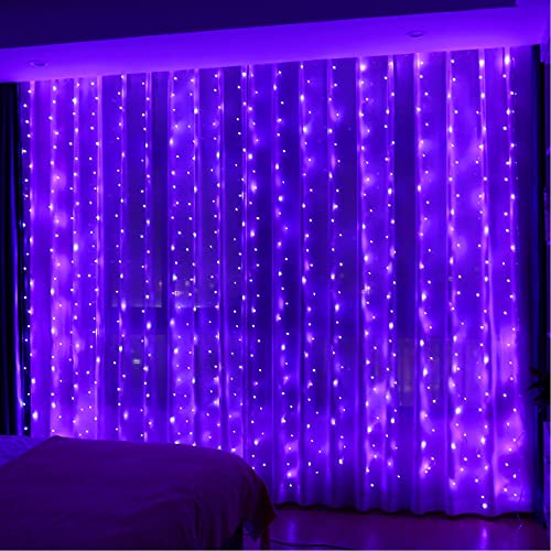 HXWEIYE 300LED Lila Lichtervorhang, 3mx3m Lichterkettenvorhang USB 8 Modi LED Lichterkette mit 12 Haken Fernbedienung Timer verstellbare Helligkeit für Weihnachten Party Innen und außen Deko von HXWEIYE