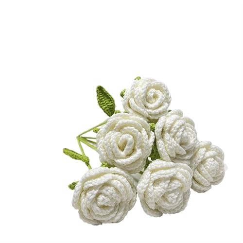 HYBZDKEOP，Gestrickte Blumen，Häkelblumen, Handmade Knitted Rose Artificial Flowers Braided Fake Flower Crochet Bouquet Decoration Table Ornament(6pcs White) von HYBZDKEOP