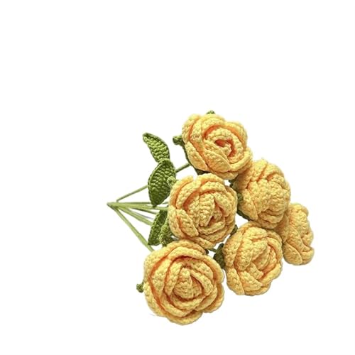 HYBZDKEOP，Gestrickte Blumen，Häkelblumen, Handmade Knitted Rose Artificial Flowers Braided Fake Flower Crochet Bouquet Decoration Table Ornament(6pcs Yellow) von HYBZDKEOP