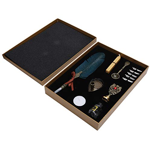 HYEIUIRA Federkiel-Set, Vintage-Feder-Füllfederhalter, Studenten-Schreibtinte, Schreibwaren, Geschenkbox (SP094935 Sprinkle gold and dark green) von HYEIUIRA