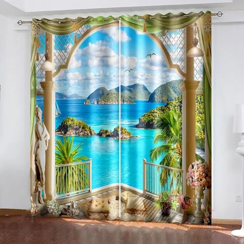 3D-gedruckte Verdunkelungsvorhänge, natürliche Landschaft, Kokosnuss, Möwe, Strand, Meer, Schattierung, Verdunkelungsfenstervorhang für Schlafzimmerdekoration WxH/2x31x63inch gardinen kinderzimmer von HYFBH