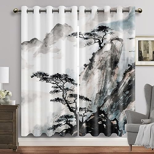 HYFBH 2 Paneele Verdunkelungsvorhänge, japanische Landschaft, Fenstervorhang, traditionelle Tuschemalerei, Ösenvorhänge, Klassische Vorhänge BxH/2x70x140cm gardinen kinderzimmer von HYFBH