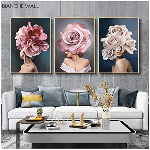 HYFBH Leinwand Kunstdruck Wandbild Rosa Weiß Blume Dame Poster Persönlichkeit Mode Abstrakte Malerei Frau Moderne Wohnkultur 50x70cm (19,7x27,6 Zoll) x3 Kein Rahmen von HYFBH