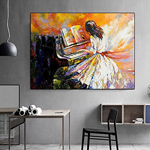 Ölgemälde Mädchen spielen Klavier Leinwand Gemälde Wandkunst Bilder Poster für Wohnzimmer Schlafzimmer Hintergrund Wohnkultur 60x90cm(24x35in) mit Rahmen von HYFBH