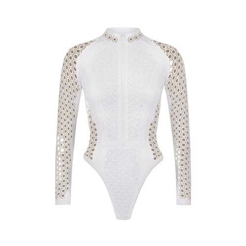 HYFEUOKF Damen Badeanzug Einteiler Rash Zip Sexy Damen-Badeanzug, weißer Reißverschluss, Netzstoff, langärmelig, Surfanzug, Strandmode, Badeanzug Für Wasser Strand Surfen(L) von HYFEUOKF