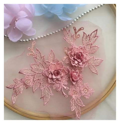 HYFEUOKF Spitze Applique 1 Stück 15 * 19 cm 3D Spitzenapplikation Gold Blau Rosa Burgunderrot Handarbeit DIY Patch Spitze Blume DIY Bekleidungszubehör Für Brautkleider, Dekoration(Bean pink) von HYFEUOKF