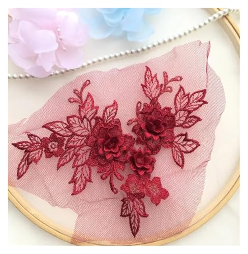 HYFEUOKF Spitze Applique 1 Stück 15 * 19 cm 3D Spitzenapplikation Gold Blau Rosa Burgunderrot Handarbeit DIY Patch Spitze Blume DIY Bekleidungszubehör Für Brautkleider, Dekoration(Burgundy) von HYFEUOKF