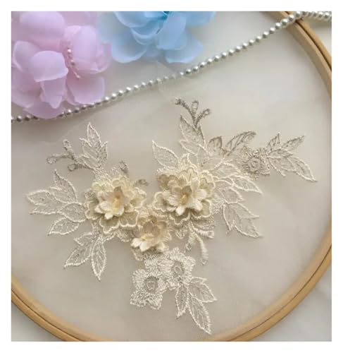 HYFEUOKF Spitze Applique 1 Stück 15 * 19 cm 3D Spitzenapplikation Gold Blau Rosa Burgunderrot Handarbeit DIY Patch Spitze Blume DIY Bekleidungszubehör Für Brautkleider, Dekoration(Champagne) von HYFEUOKF