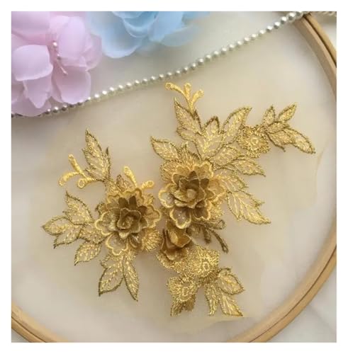 HYFEUOKF Spitze Applique 1 Stück 15 * 19 cm 3D Spitzenapplikation Gold Blau Rosa Burgunderrot Handarbeit DIY Patch Spitze Blume DIY Bekleidungszubehör Für Brautkleider, Dekoration(Dark Gold) von HYFEUOKF