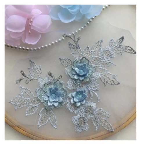 HYFEUOKF Spitze Applique 1 Stück 15 * 19 cm 3D Spitzenapplikation Gold Blau Rosa Burgunderrot Handarbeit DIY Patch Spitze Blume DIY Bekleidungszubehör Für Brautkleider, Dekoration(Grey Blue) von HYFEUOKF