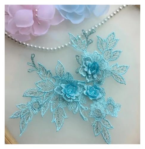 HYFEUOKF Spitze Applique 1 Stück 15 * 19 cm 3D Spitzenapplikation Gold Blau Rosa Burgunderrot Handarbeit DIY Patch Spitze Blume DIY Bekleidungszubehör Für Brautkleider, Dekoration(Lake Blue) von HYFEUOKF