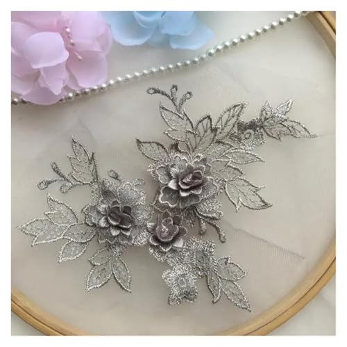 HYFEUOKF Spitze Applique 1 Stück 15 * 19 cm 3D Spitzenapplikation Gold Blau Rosa Burgunderrot Handarbeit DIY Patch Spitze Blume DIY Bekleidungszubehör Für Brautkleider, Dekoration(Silver Grey) von HYFEUOKF