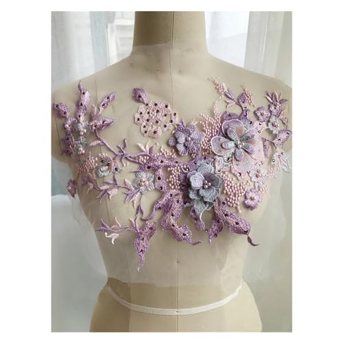 HYFEUOKF Spitze Applique 3D Blumen Perlen Perlen Stickerei Patch for Hochzeitskleid Kleidung Nähen auf Patches DIY Floral Spitze Stoffe Applique Für Brautkleider, Dekoration(Purple) von HYFEUOKF