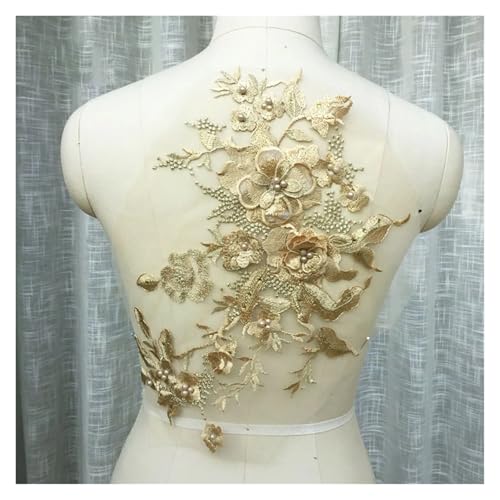 HYFEUOKF Spitze Applique 3D Blumen Perlen Spitzenstoffe Applikation Stickerei Nähen auf Patches for Hochzeit/Abendkleid Kleidung Patches Scrapbooking Für Brautkleider, Dekoration(Gold) von HYFEUOKF