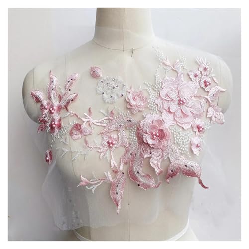 HYFEUOKF Spitze Applique 3D Blumen Perlen Spitzenstoffe Applikation Stickerei Nähen auf Patches for Hochzeit/Abendkleid Kleidung Patches Scrapbooking Für Brautkleider, Dekoration(Pink) von HYFEUOKF