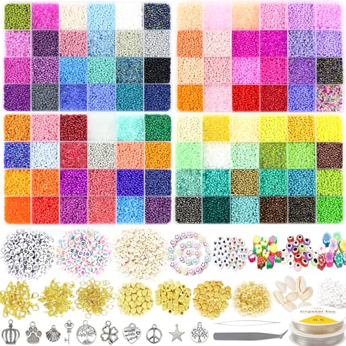 HYHJMISTY 52000PCS 96 Farben Glasperlen Kit 2mm, Bunte Glasperln Selber Machen Set, Perlen Set für Armbänder/Halskette DIY machen mit Buchstaben Perlen, Evil Eye Perlen, Schere＆2pcs 0.5mm Clear Thread von HYHJMISTY