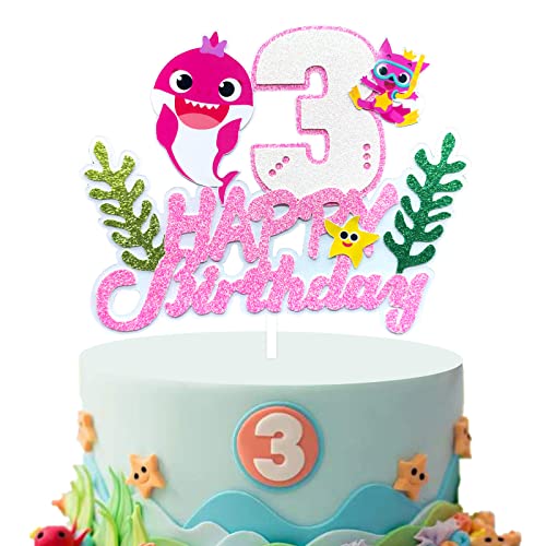 Hai Baby Cake Topper 3. Geburtstag Mädchen, Hai Cake Topper 3, Shark 3 Cake Topper für Mädchen 3. Geburtstag Dekorationen Partyzubehör - Rosa von HYK&BCDP