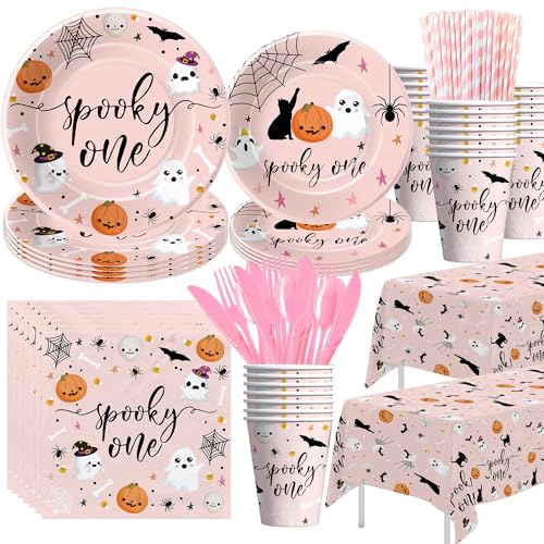 HYOWCHI Halloween Gruselige One Birthday Dekorationen Mädchen, Rosa Halloween Geist 1. Geburtstag Party Supplies Pappteller Tasse Serviette Tischdecke Besteck Halloween Erster Geburtstag Geschirr von HYOWCHI