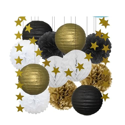 Papier Laterne, Papier pom poms Dekorationen, 13. Geburtstag Bar Mitzvah Party zugunsten Dekor Gold Marine blau Runde Papier Laterne weiß Waben Taufe DIY Glitter Stern(Gold Black Set) von HYQOUKLR