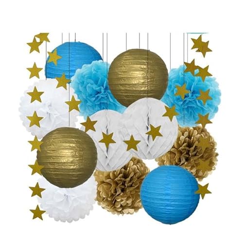 Papier Laterne, Papier pom poms Dekorationen, 13. Geburtstag Bar Mitzvah Party zugunsten Dekor Gold Marine blau Runde Papier Laterne weiß Waben Taufe DIY Glitter Stern(Gold Blue Set) von HYQOUKLR