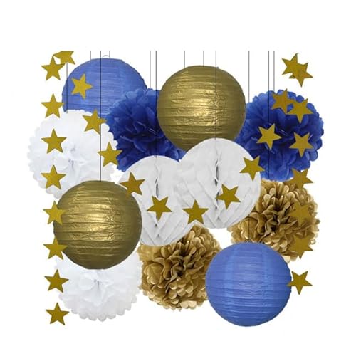 Papier Laterne, Papier pom poms Dekorationen, 13. Geburtstag Bar Mitzvah Party zugunsten Dekor Gold Marine blau Runde Papier Laterne weiß Waben Taufe DIY Glitter Stern(Gold Dark Blue) von HYQOUKLR